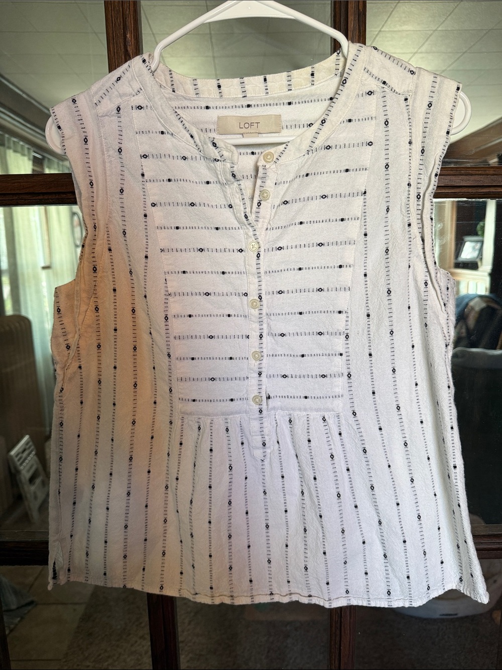 LOFT Womens White Navy Blue Geometric Stripe Cotton Gauze Sleeveless Blouse S